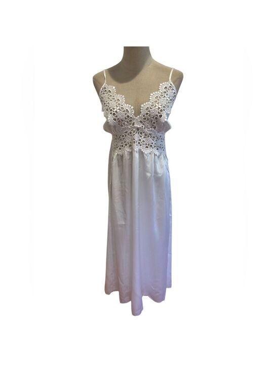 Other - 80s LINGERIE WHITE SATIN & OPENWORK DESIGN LACE NIGHT GOWN MIDI LENGTH SZ M